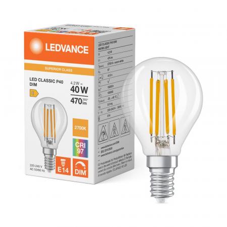 Ledvance E14 LED Tropfenlampe Classic klar dimmbar 4,2W wie 40W 2700K warmweißes Licht hohe Farbwiedergabe CRI97